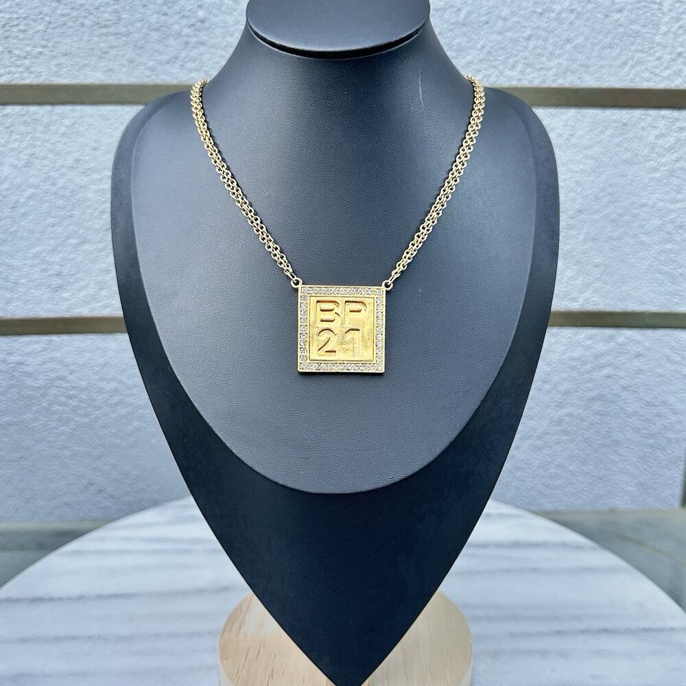 Baby Phat Necklace Gold Tone Chain BP21 Pave Crystal Rhinestone Y2K Square